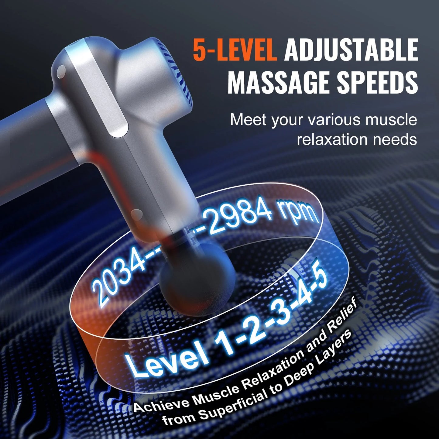 VEVOR Professional Deep Tissue Massage Gun - Percussion Muscle Massager for Athletes with 5 Speed Settings, 6 Interchangeable Heads, and 7.4V 2500mAh Battery for Pain Relief and Muscle Relaxation