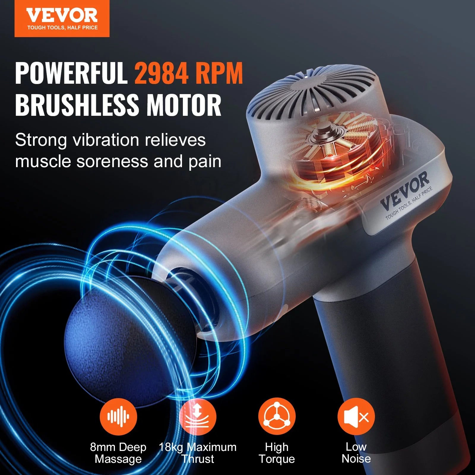 VEVOR Professional Deep Tissue Massage Gun - Percussion Muscle Massager for Athletes with 5 Speed Settings, 6 Interchangeable Heads, and 7.4V 2500mAh Battery for Pain Relief and Muscle Relaxation