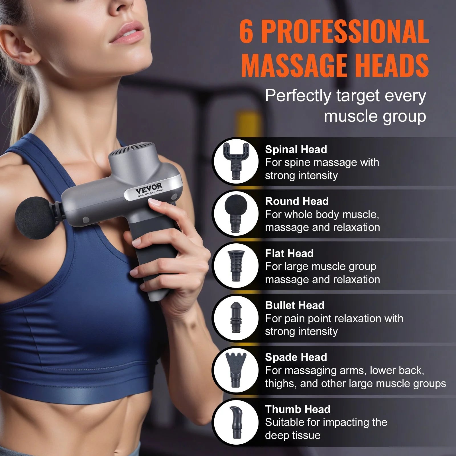 VEVOR Professional Deep Tissue Massage Gun - Percussion Muscle Massager for Athletes with 5 Speed Settings, 6 Interchangeable Heads, and 7.4V 2500mAh Battery for Pain Relief and Muscle Relaxation